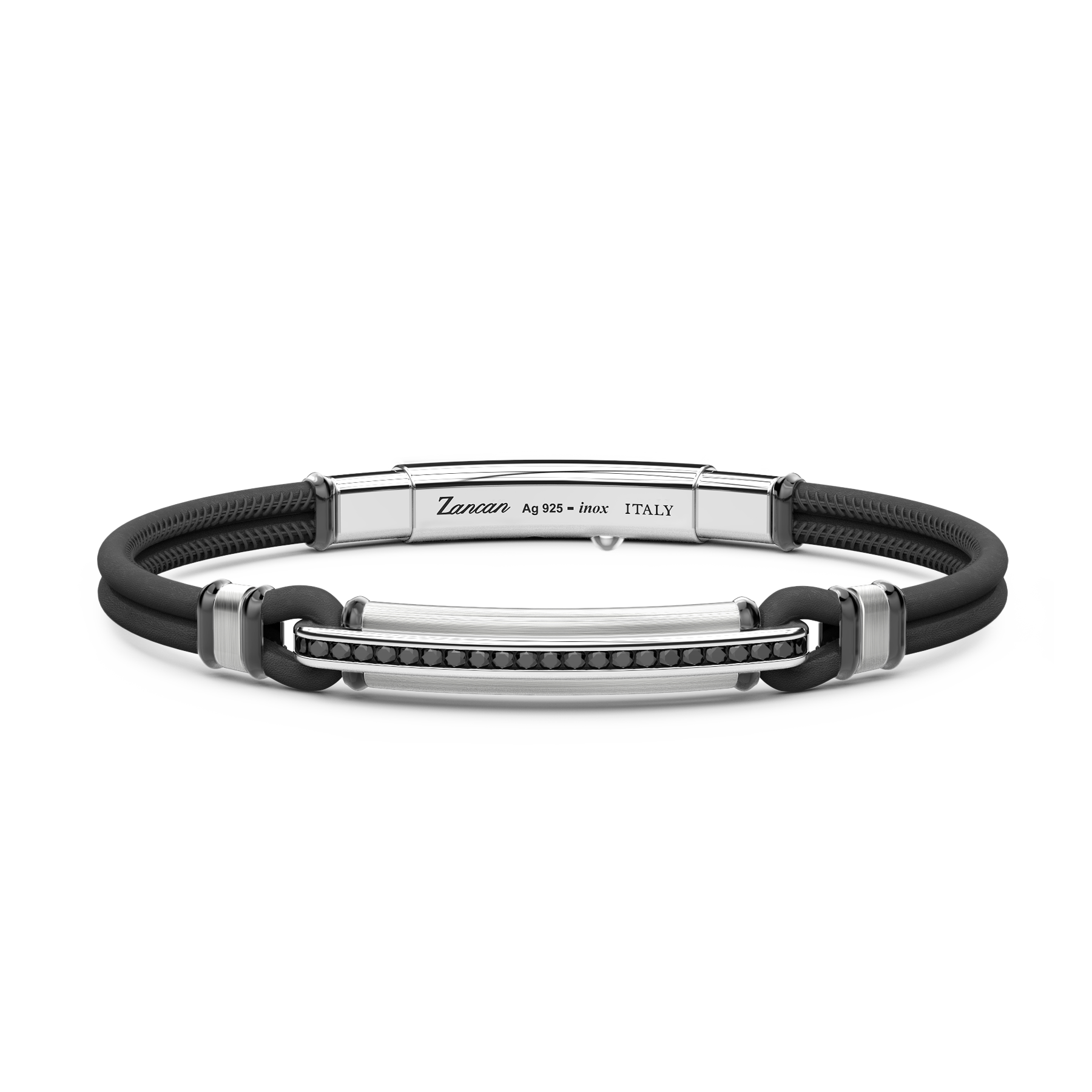 Black Leather Bracelet with Silver Tag and Black Stones