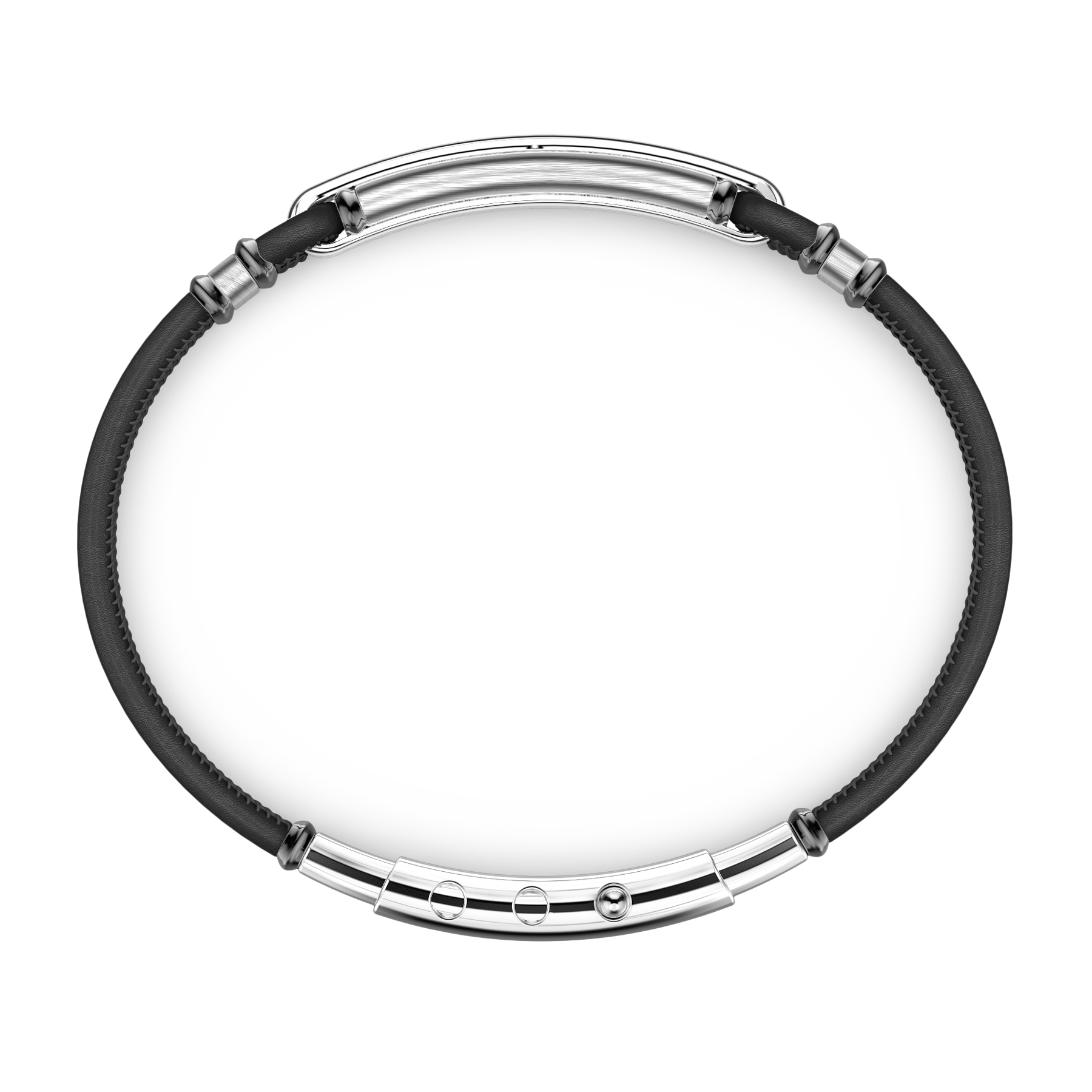 Black Leather Bracelet with Silver Tag and Black Stones