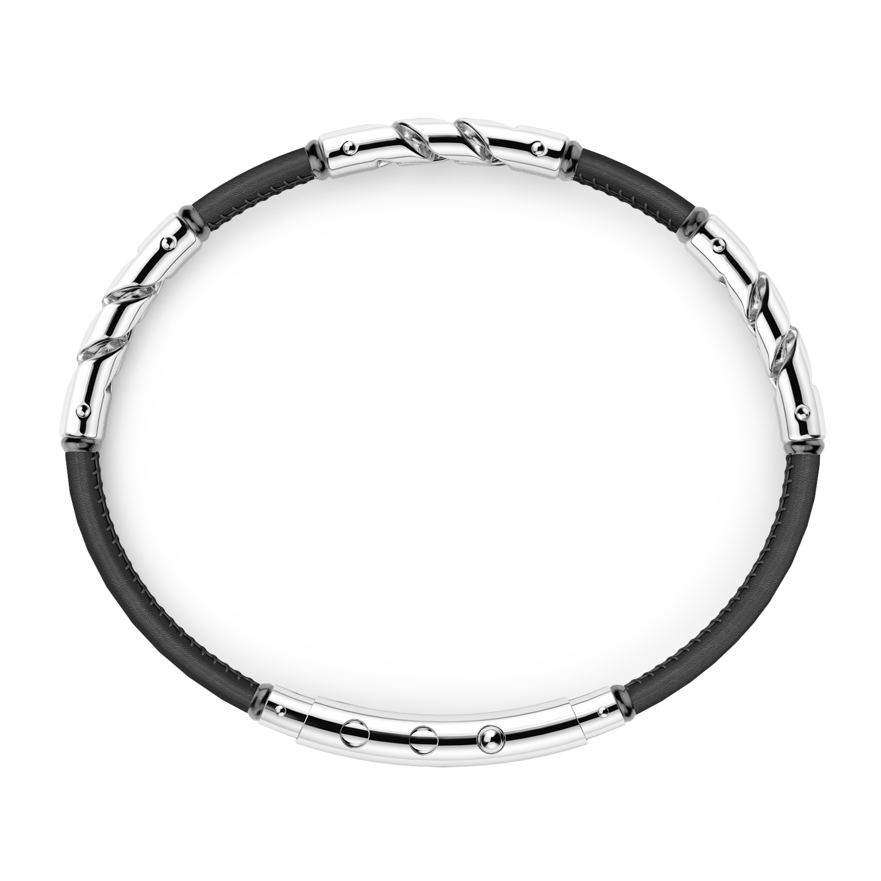 Black Natural Leather Bracelet with Silver Elements