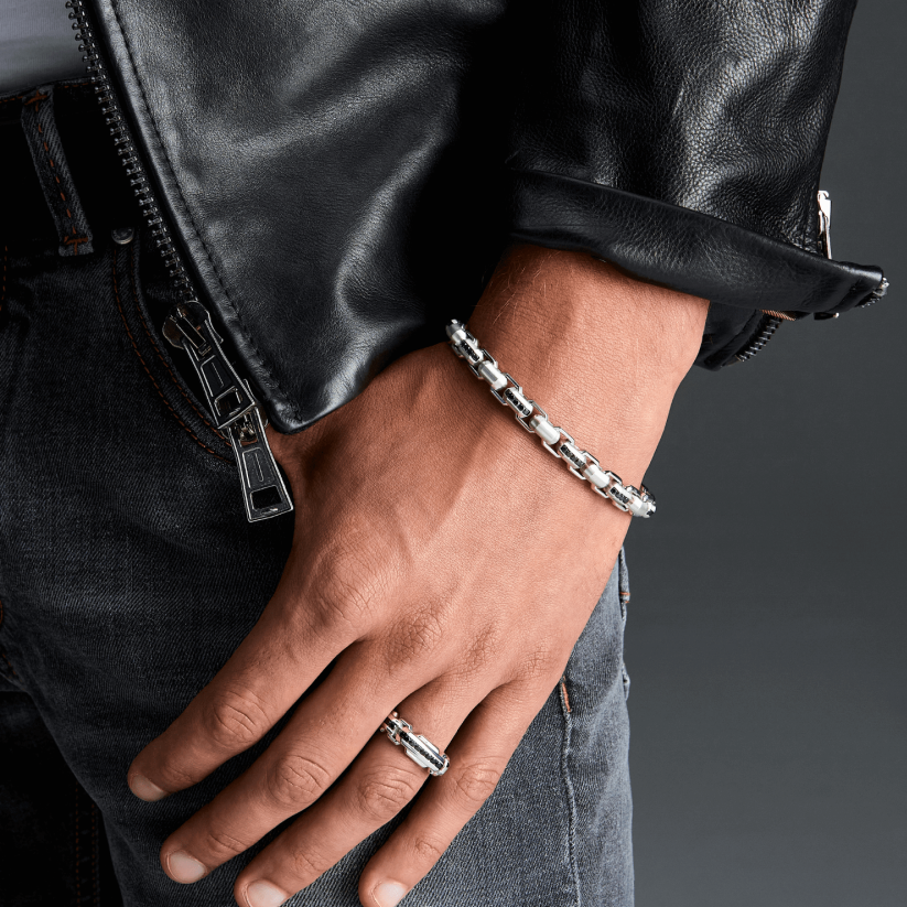 Silver link-only Bracelet with Black Stones