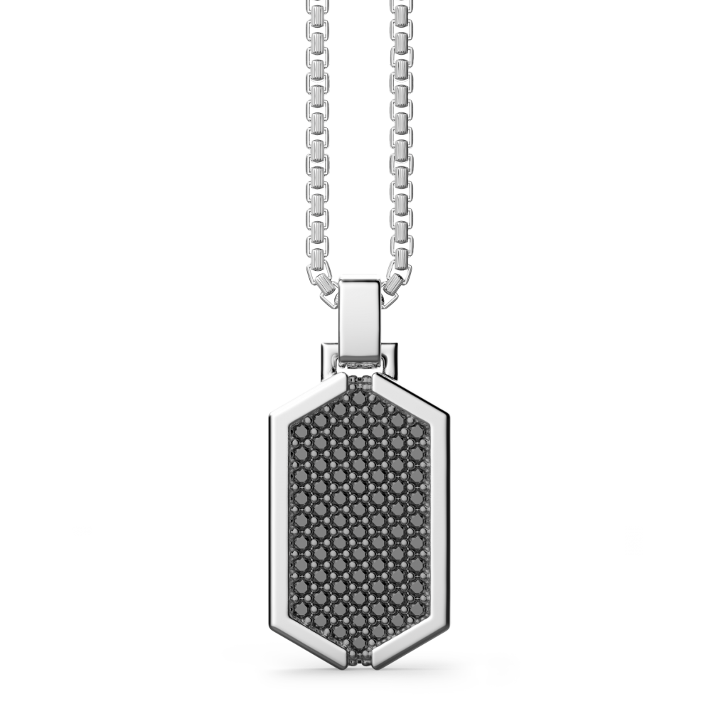 Silver Necklace with Tag Pendant Studded with Black Stones