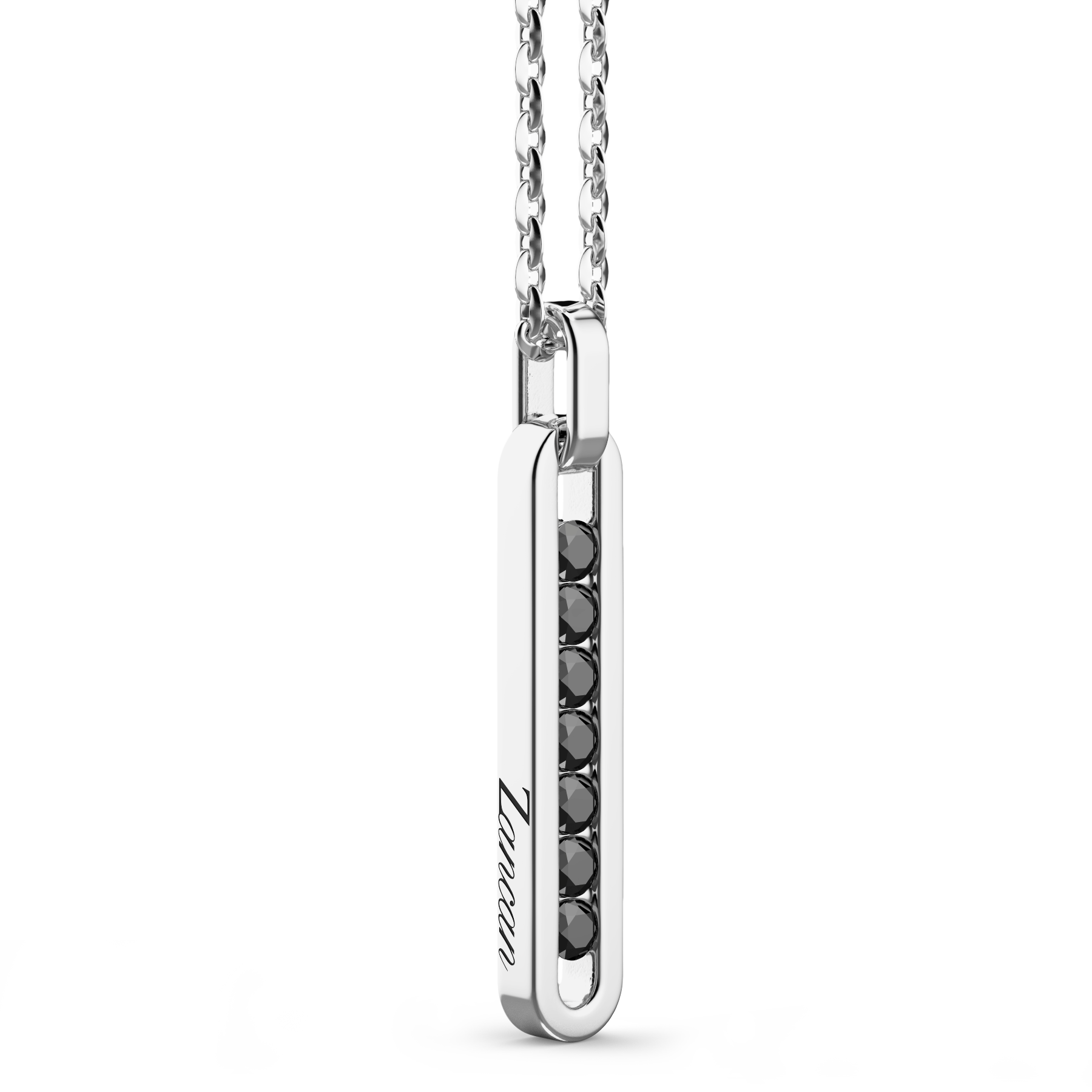 Silver Necklace with Tag Pendant & Black Stones