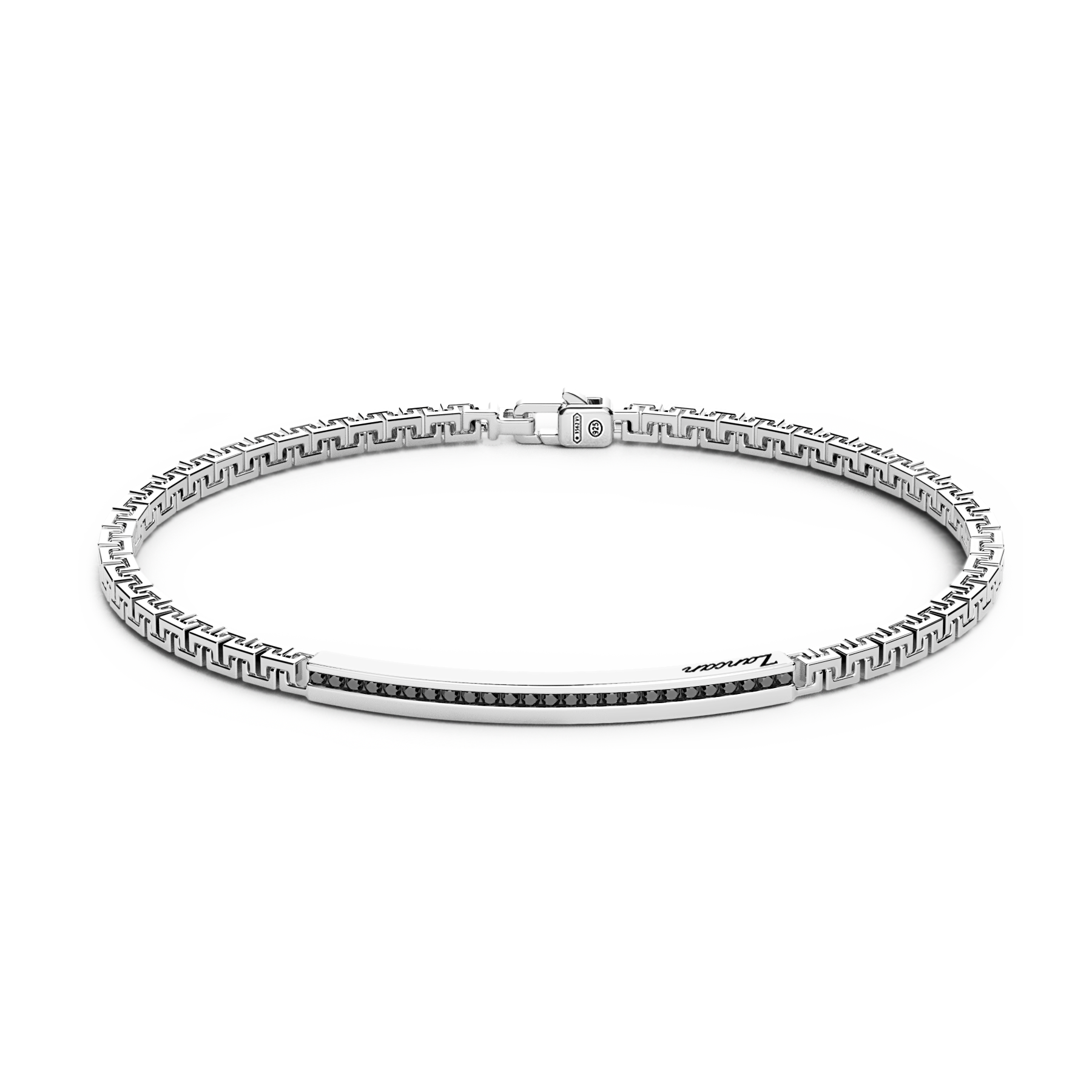 Silver Bracelet with Tag and Black Stones