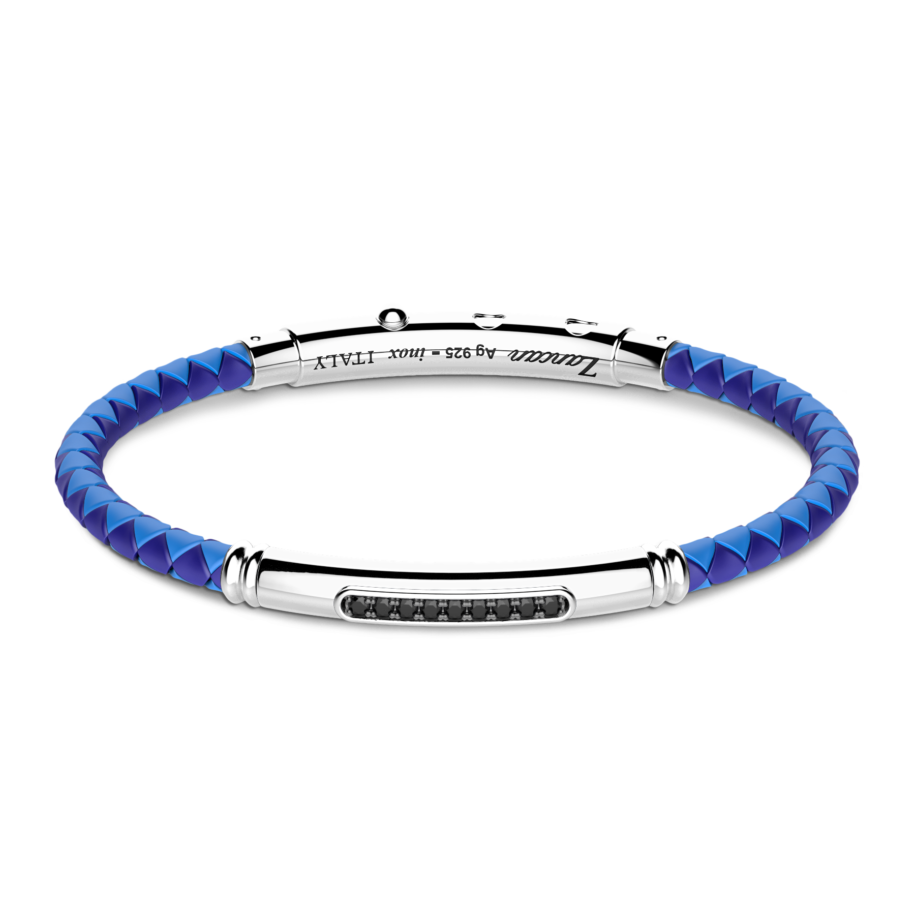 Blue Silicone Bracelet with Silver Tag & Black Stones