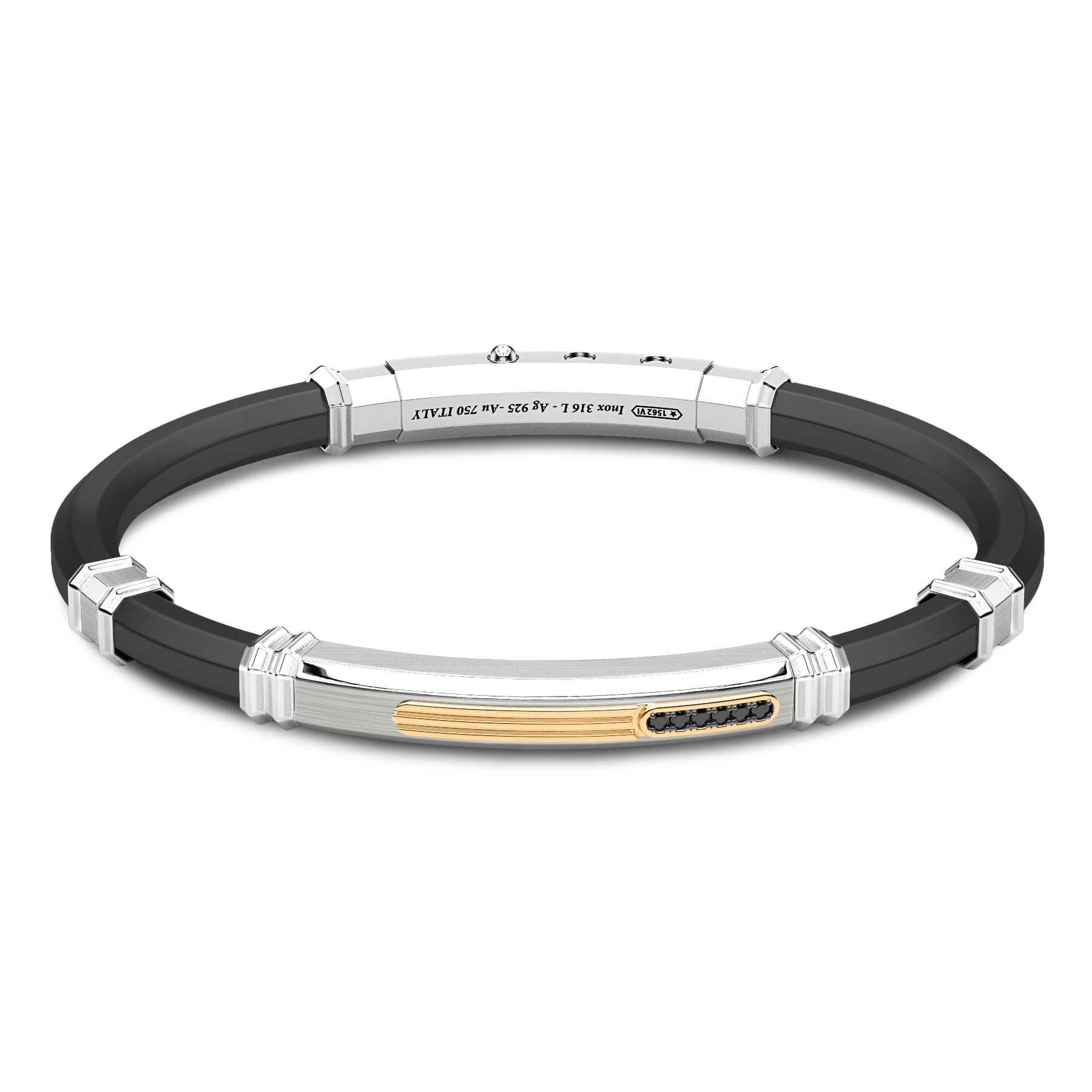 Black Silicone Bracelet with Silver Tag and Yellow Gold and Black Stone