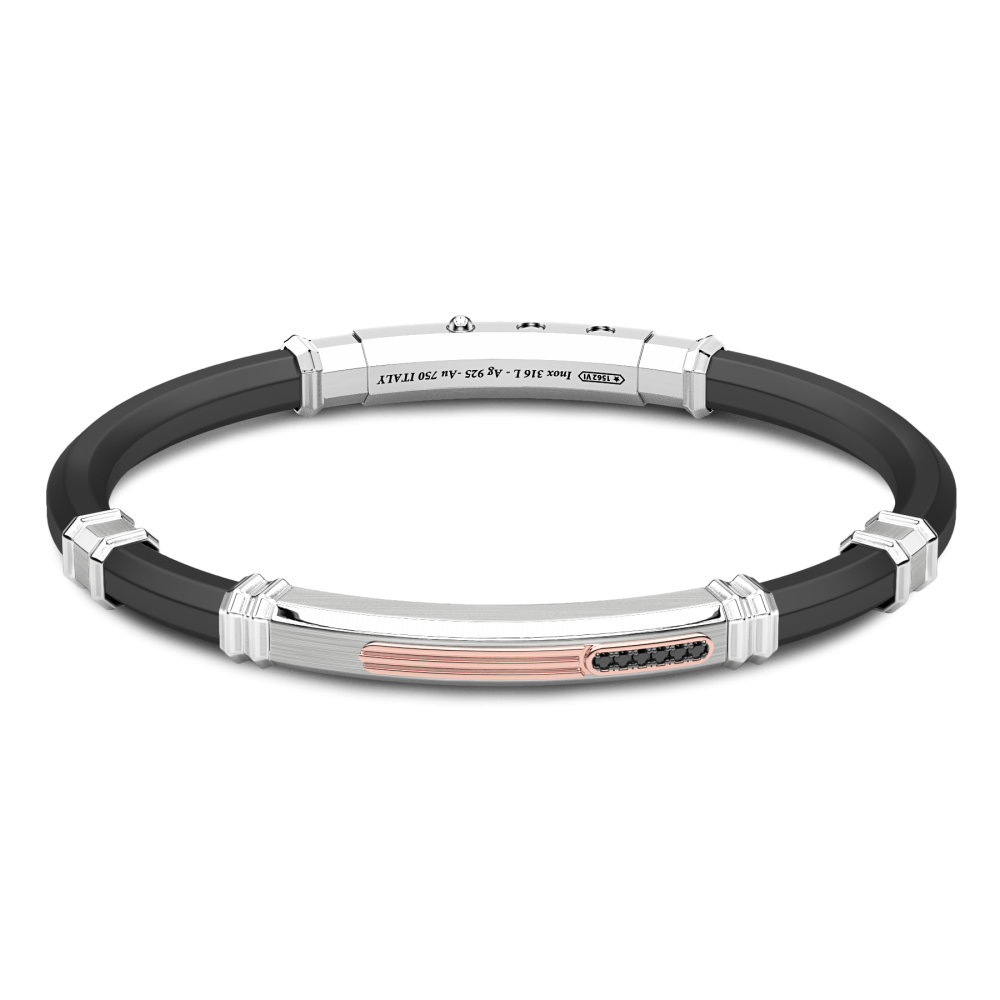 Black Silicone Bracelet with Silver Tag and Rose Gold and Black Stone