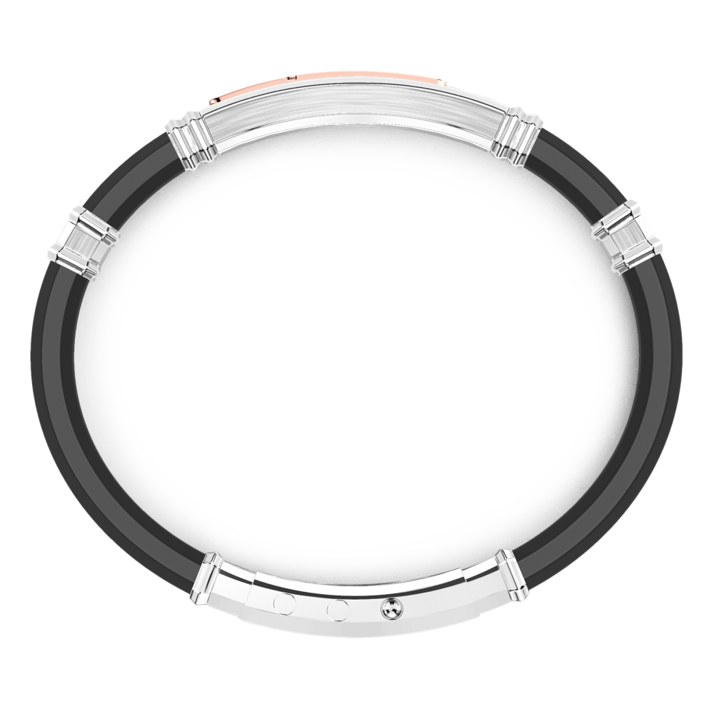 Black Silicone Bracelet with Silver Tag and Rose Gold and Black Stone