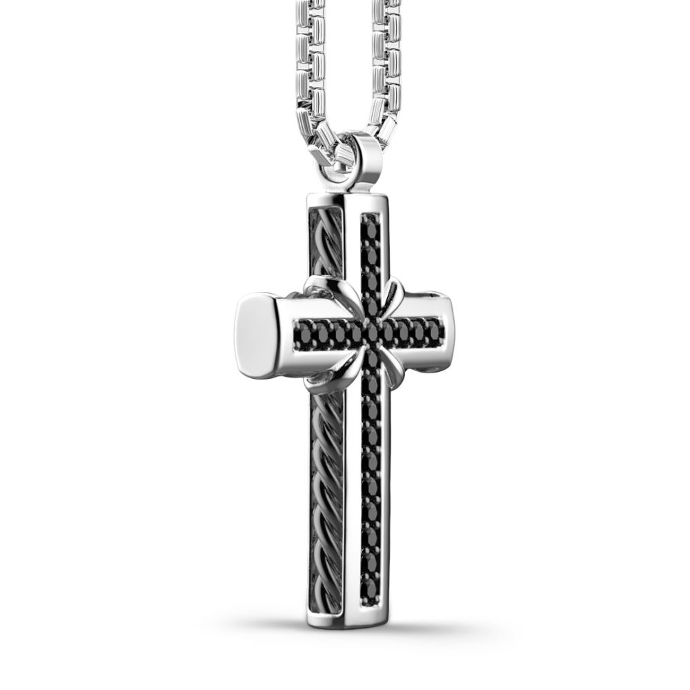 Silver Necklace with Cross Pendant and Black Stones