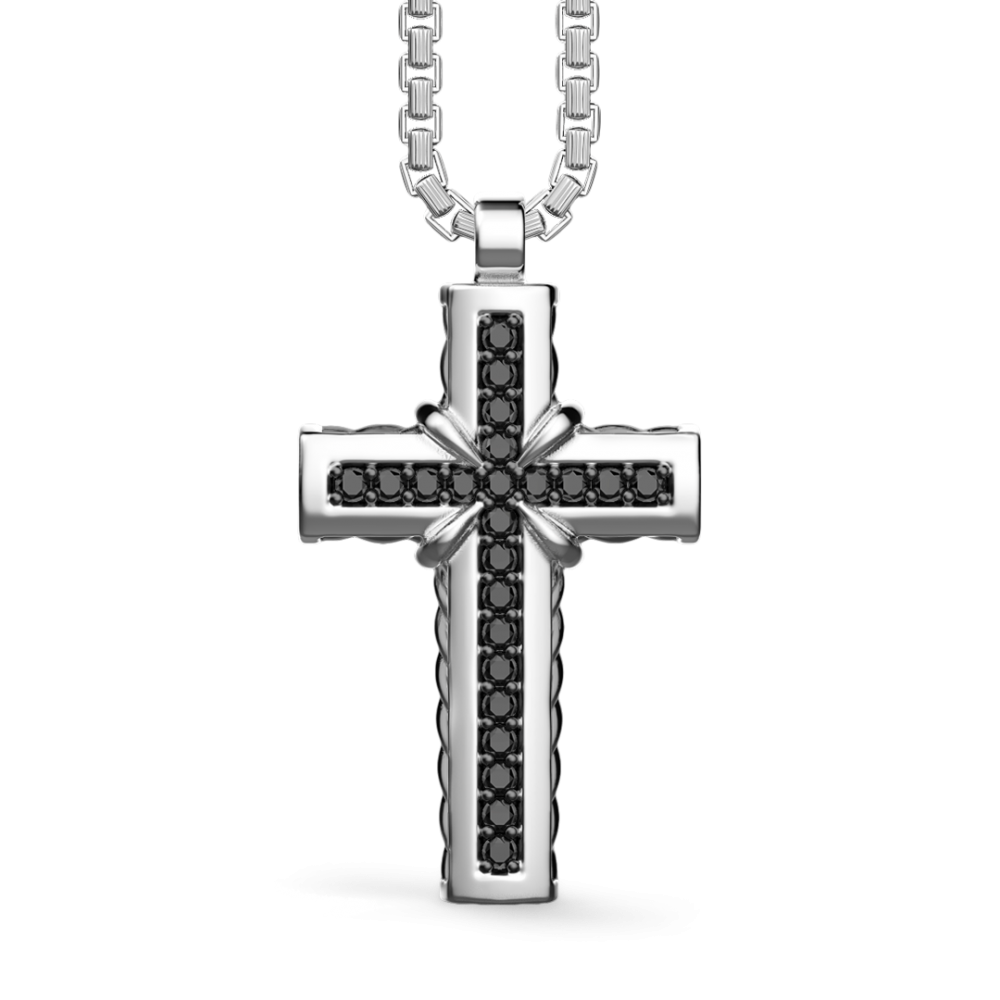 Silver Necklace with Cross Pendant and Black Stones