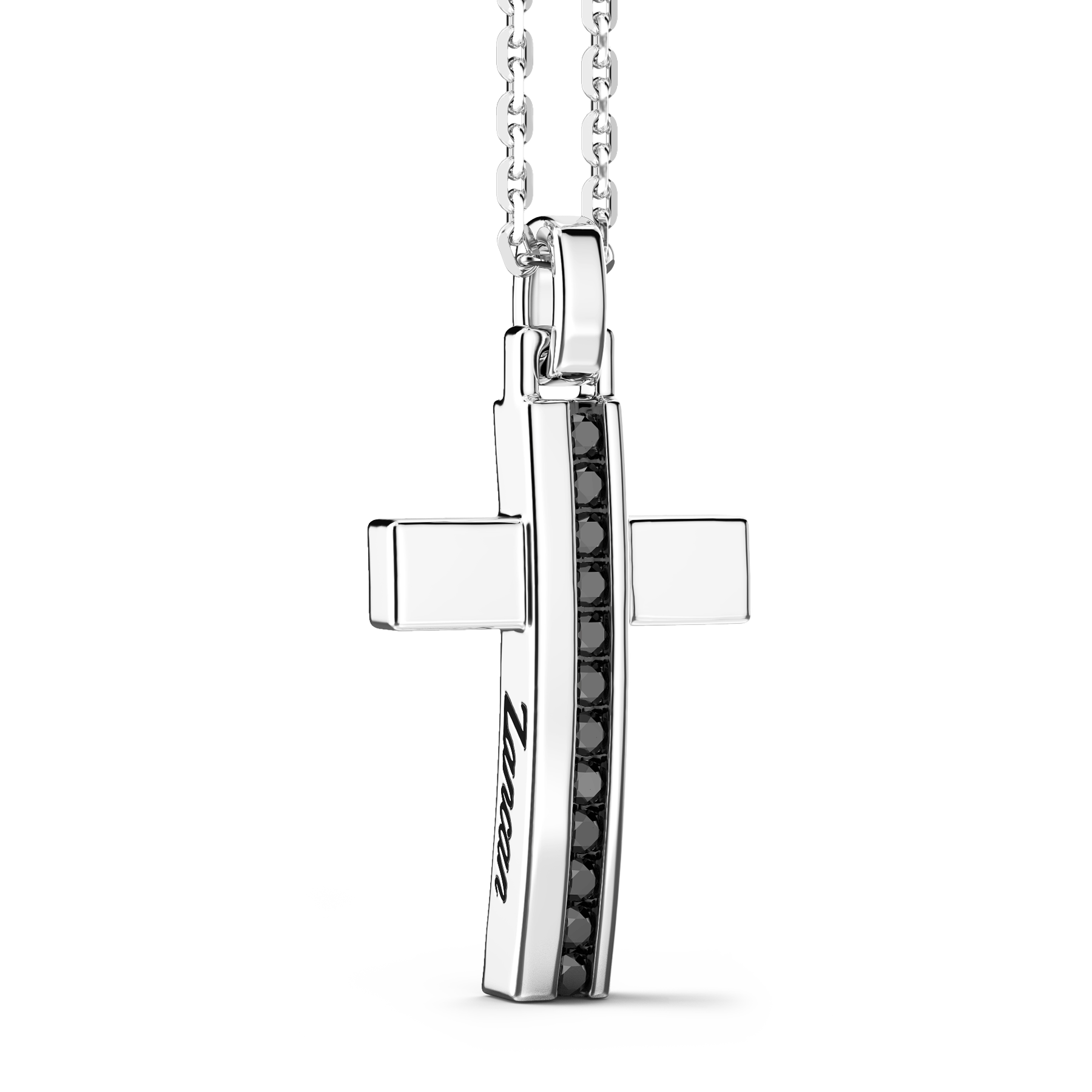 Silver Necklace with Cross Pendant & Black Stones