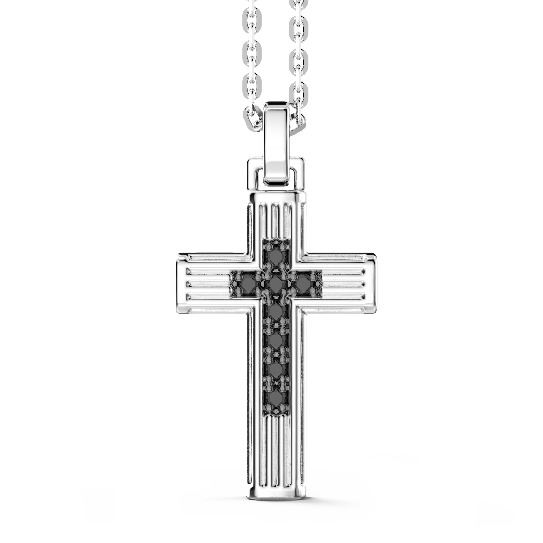 Silver Necklace with Cross Pendant & Black Stones