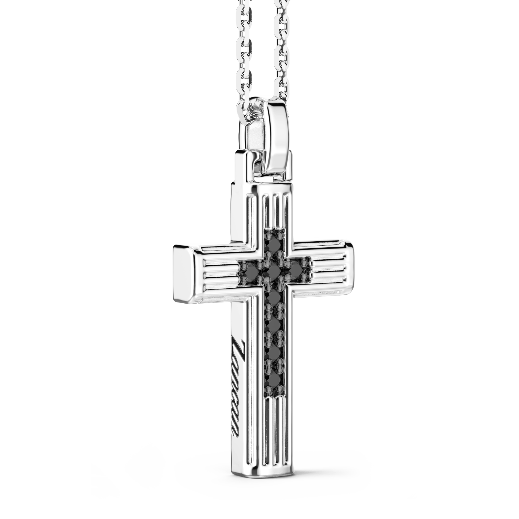 Silver Necklace with Cross Pendant & Black Stones