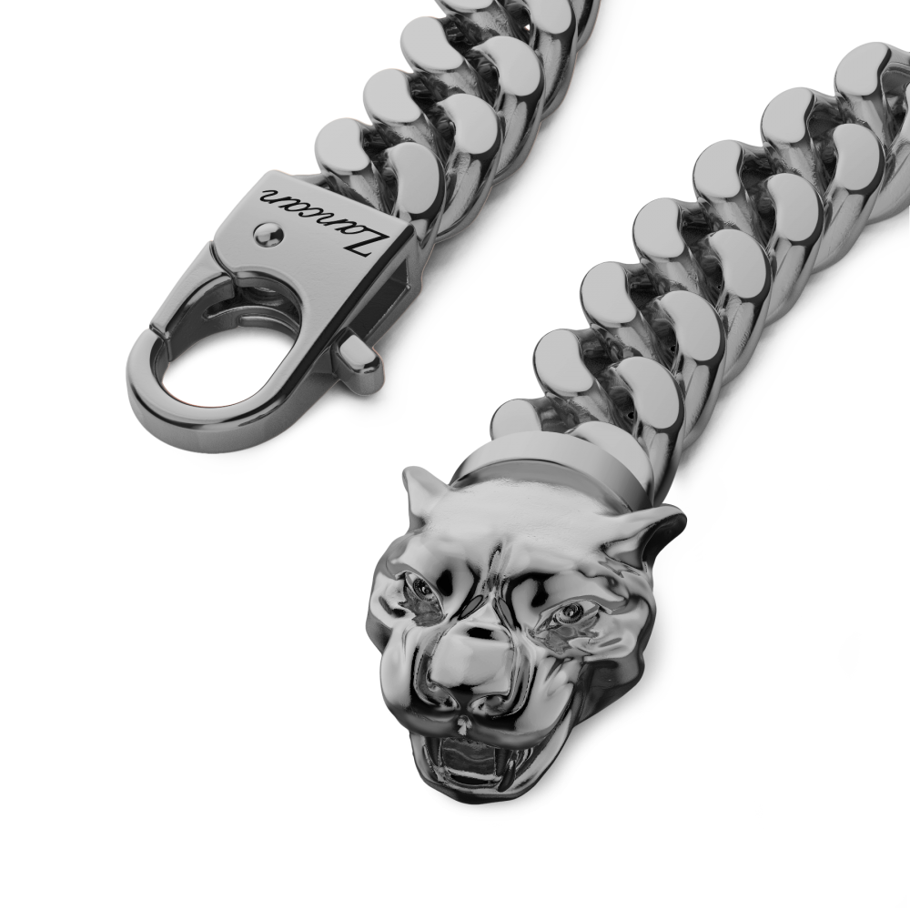 Black Silver Curb Chain Bracelet with Panther Head Closure