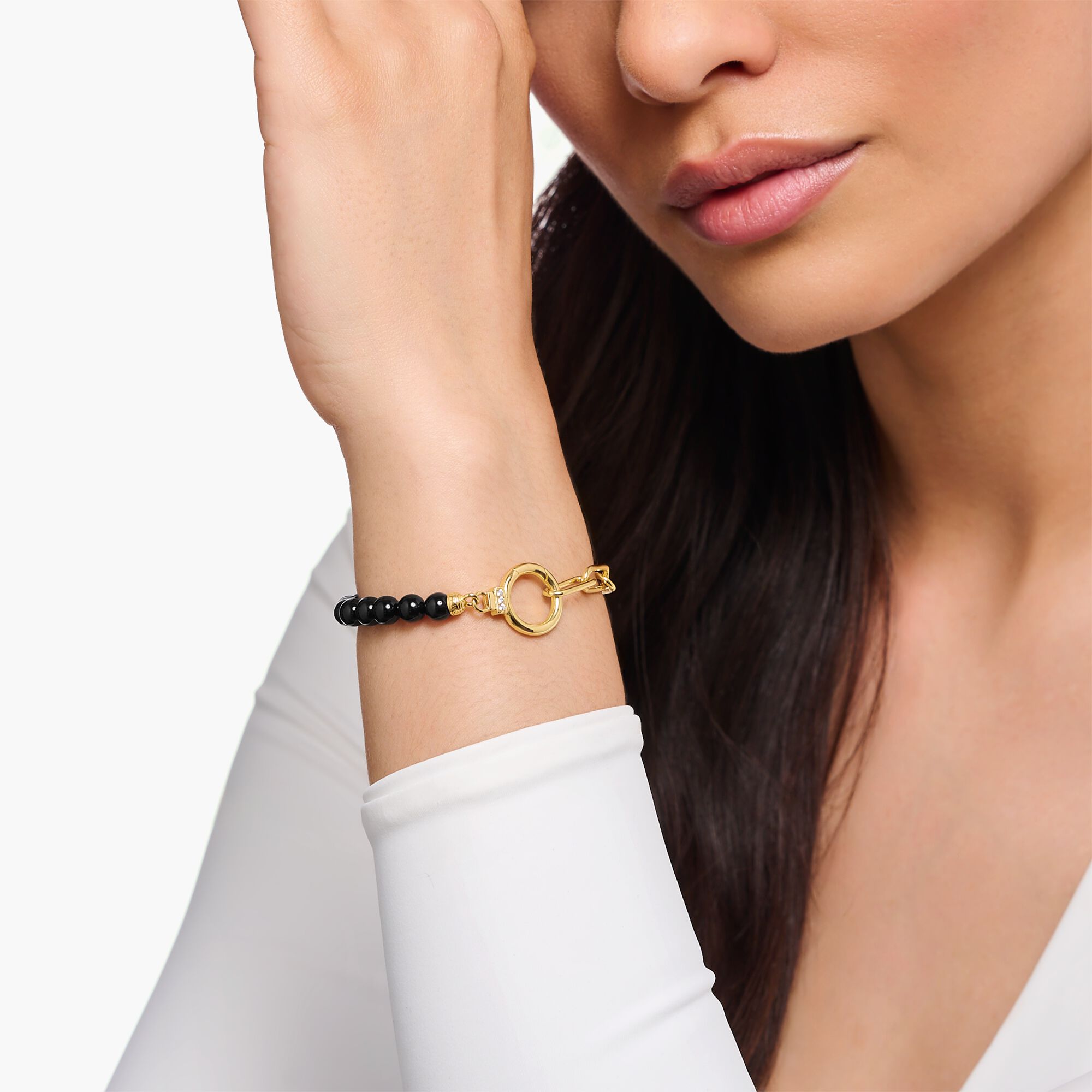 THOMAS SABO Yellow-gold plated bracelet with onyx beads and white zirconia A2134-177-11