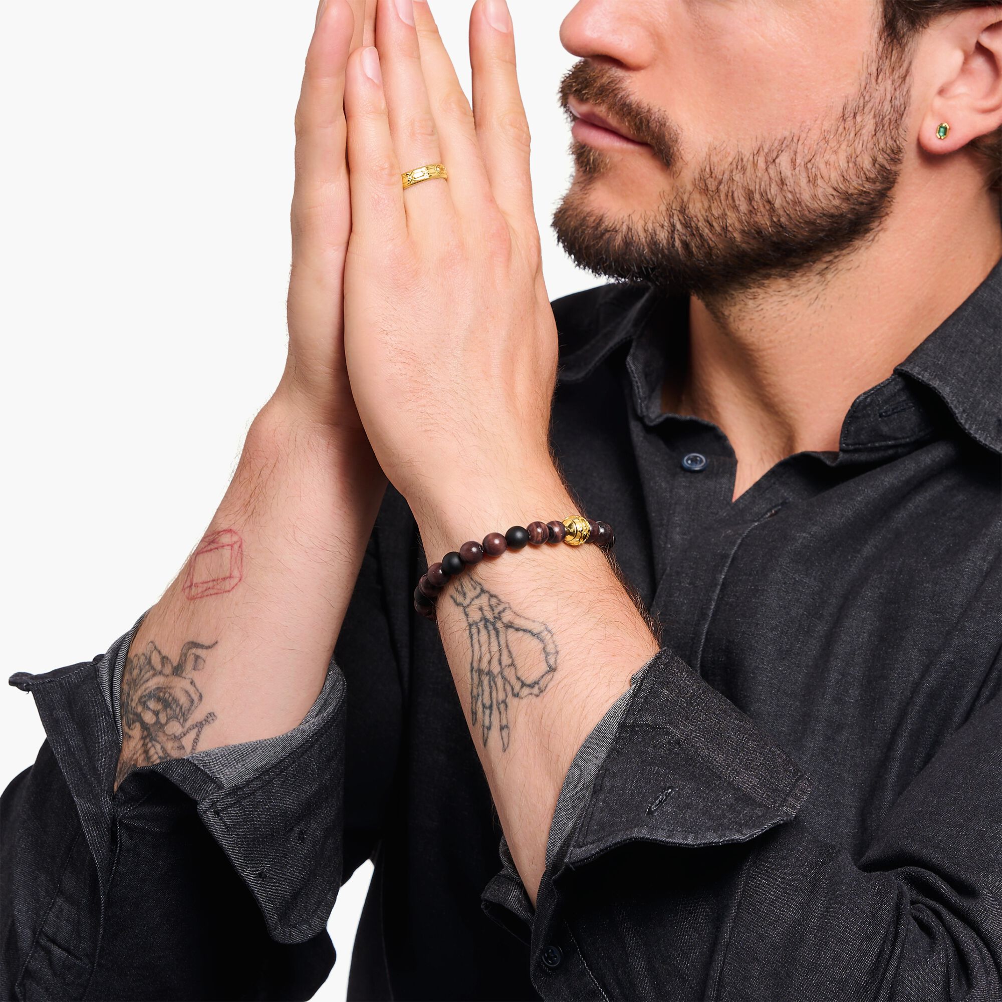 THOMAS SABO Yellow-gold plated bracelet with Obsidian and Red Tiger's Eye Beads A2135-881-7