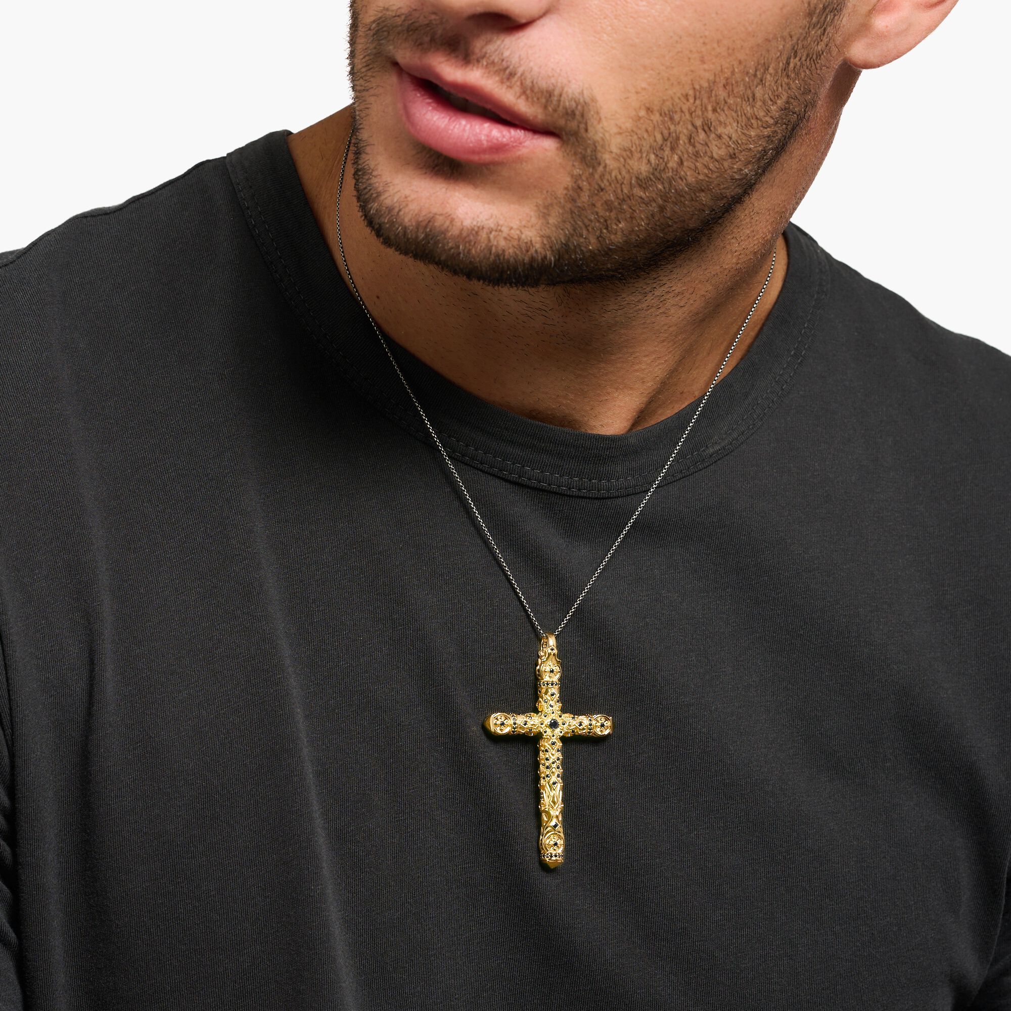 Thomas Pendentif cross black stones gold PE903-414-11