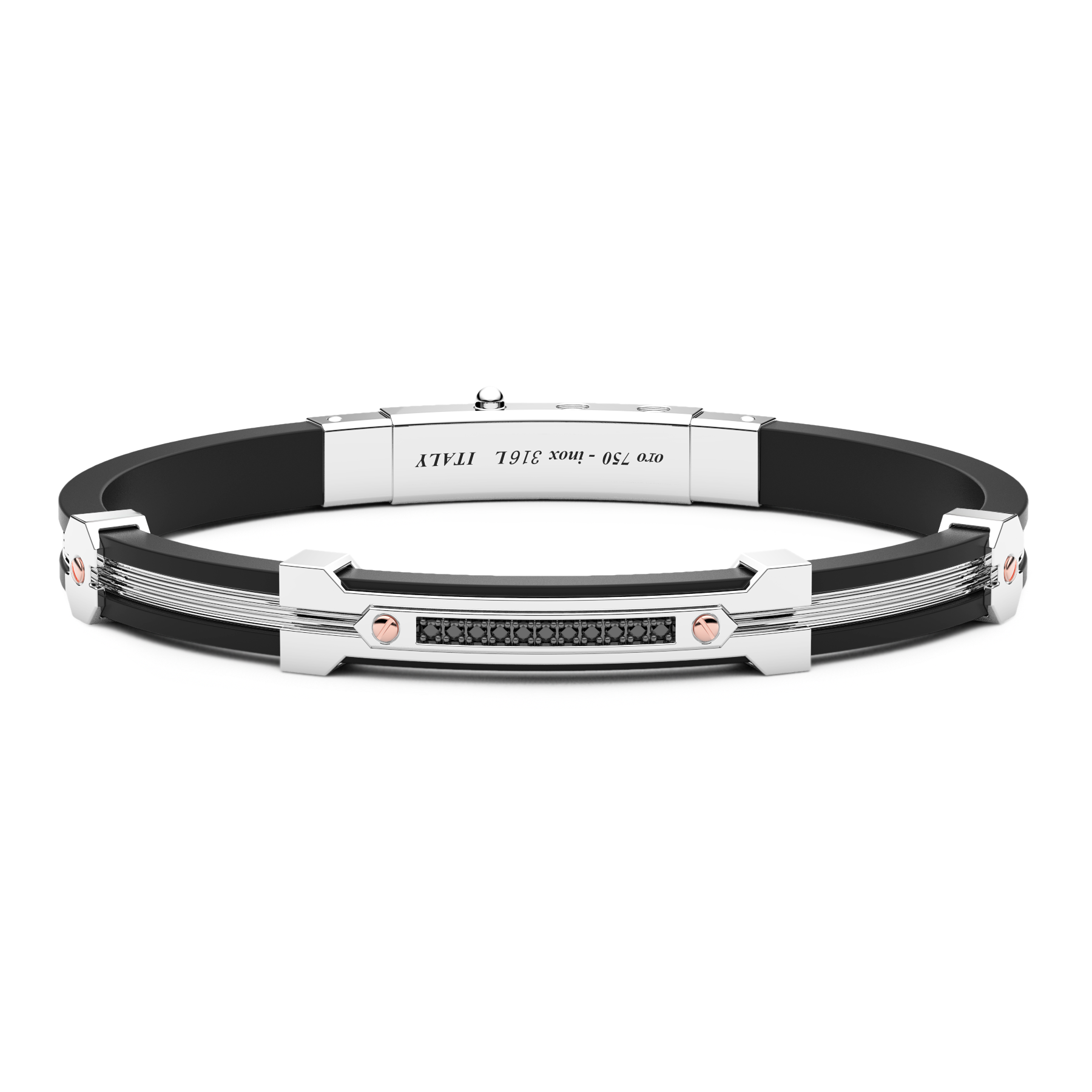 Black Silver Bracelet with 18K Gold Inserts, Stones & Silicone