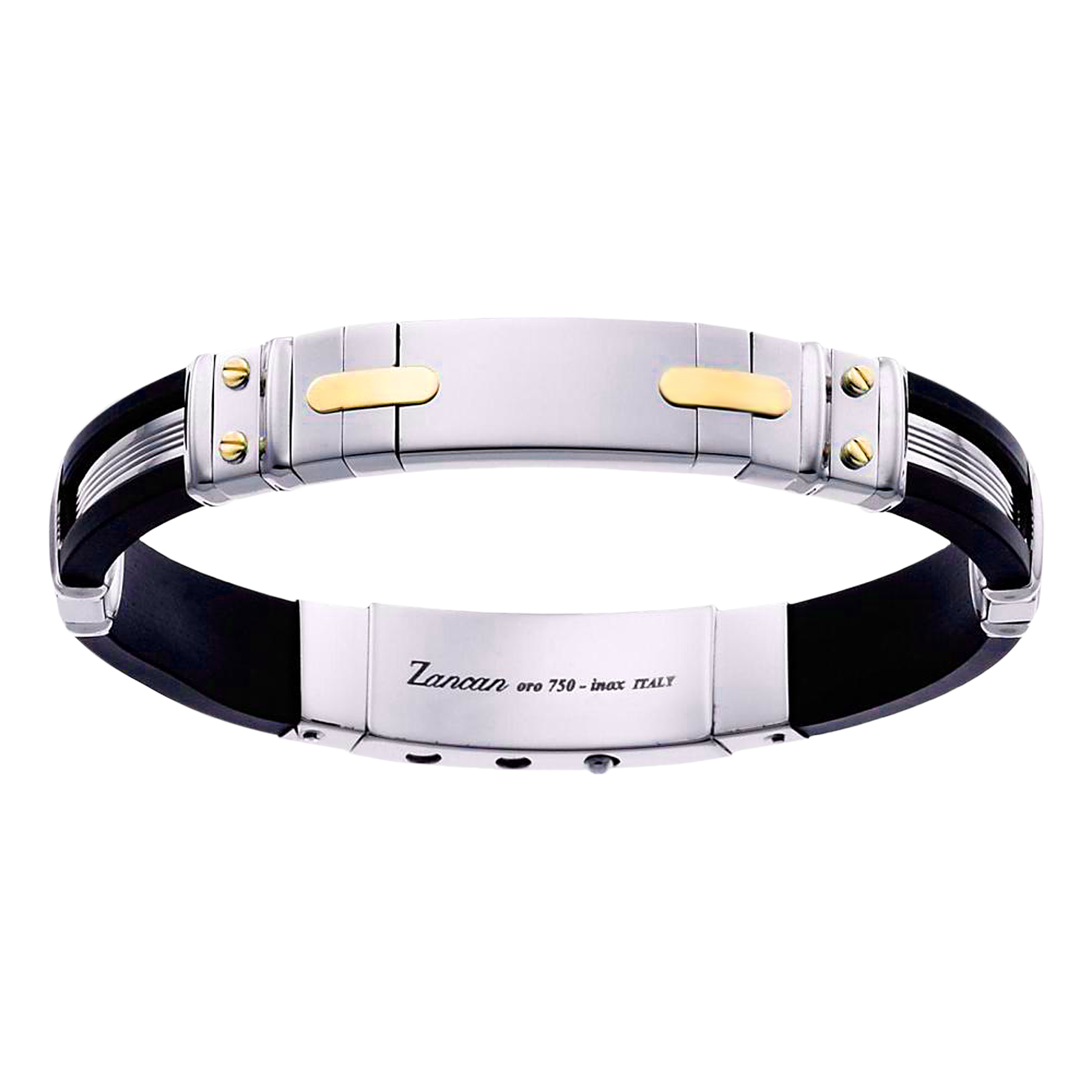 Black Silicone Bracelet with Silver Tag & Yellow Gold