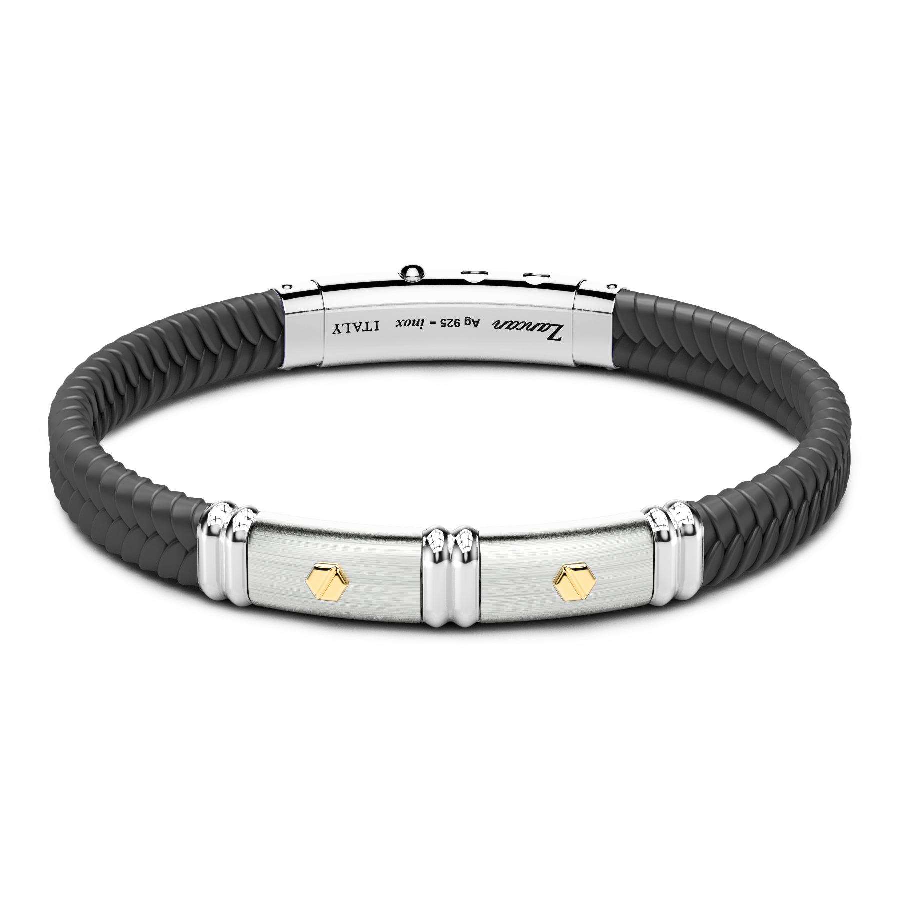 Black Silicone Bracelet with Silver Tag & Yellow Gold Details