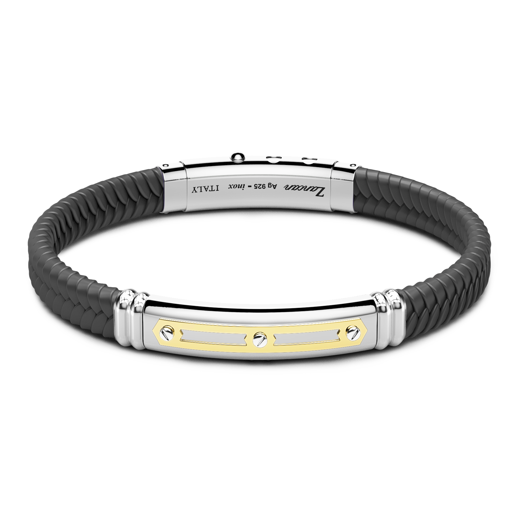 Black Silicone Bracelet with Silver Tag & Yellow Gold Details