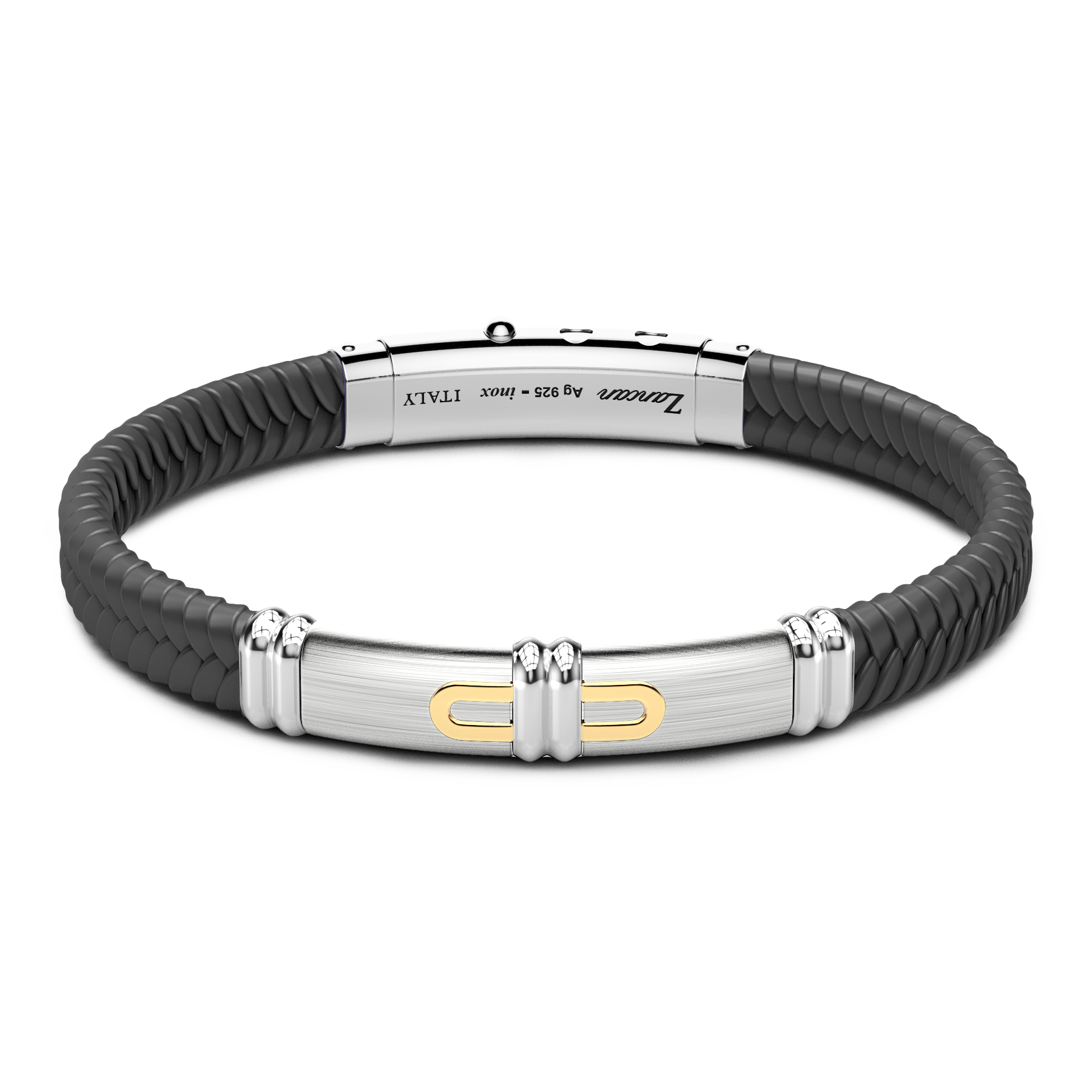 Black Silicone Bracelet with Silver Tag & Yellow Gold