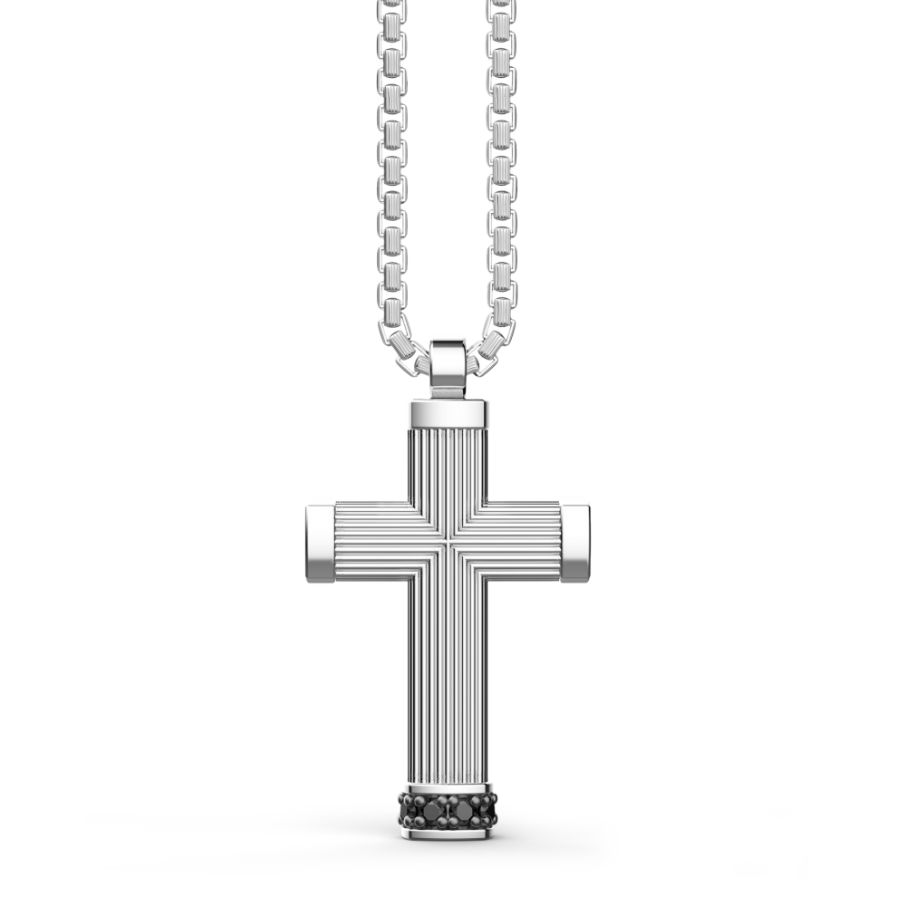 Silver Necklace with Cross Pendant and Black Stones